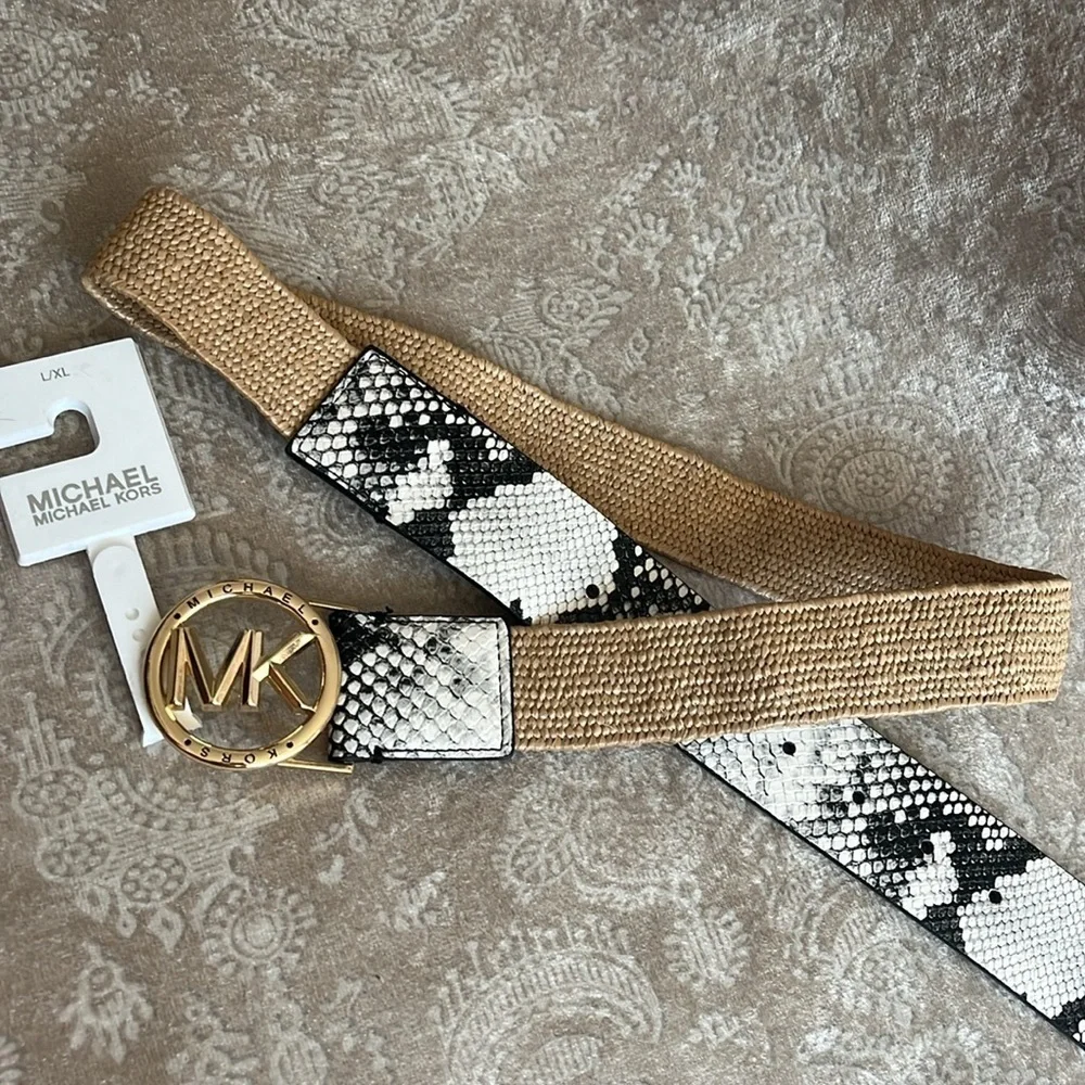 Brand New Michael Kors Black & White Snakeskin Woven Stretch Belt Gold Tone Logo